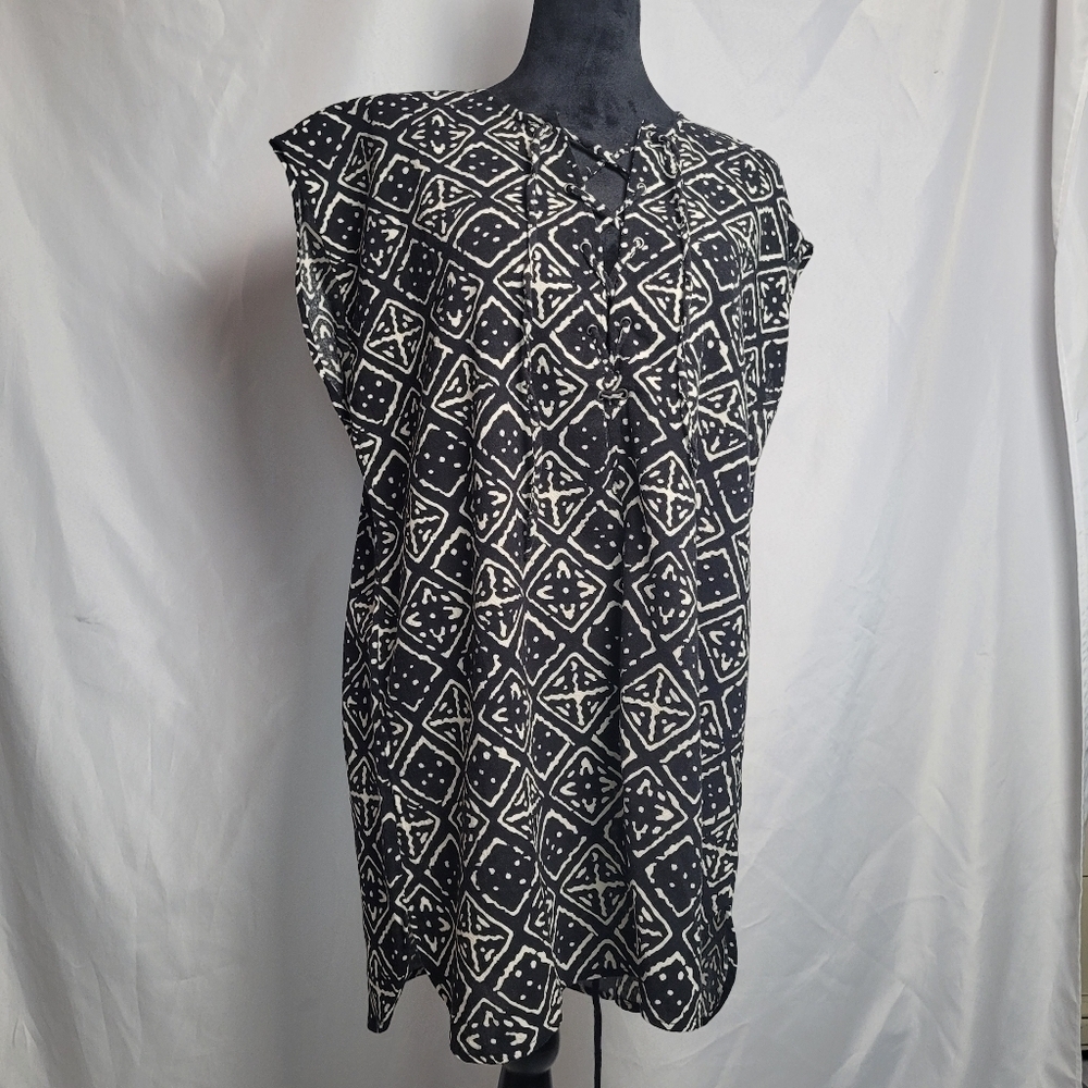 Madewell Gauzy Black/ Cream Graphic Sleeveless Lace Up Criss Cross Tunic Size M